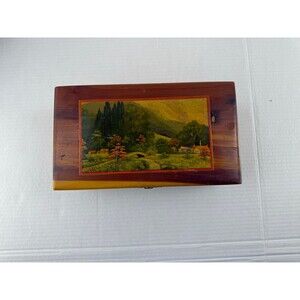 vintage cedar wood keepsake box print jewelry box